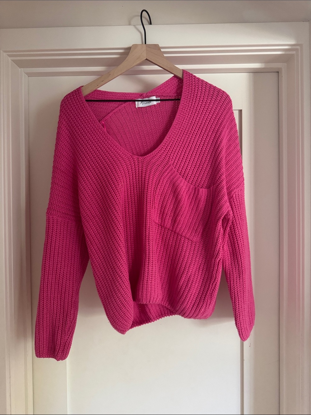 Miracle Bright Pink V-Neck Pocket Knit Sweater